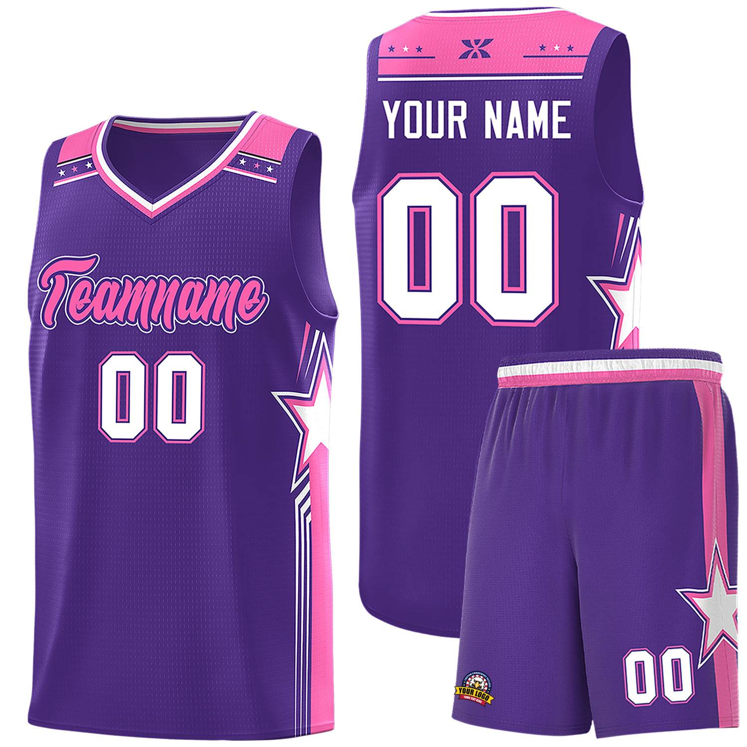 Custom Purple Pink Star Graffiti Pattern Sports Uniform Basketball Jersey