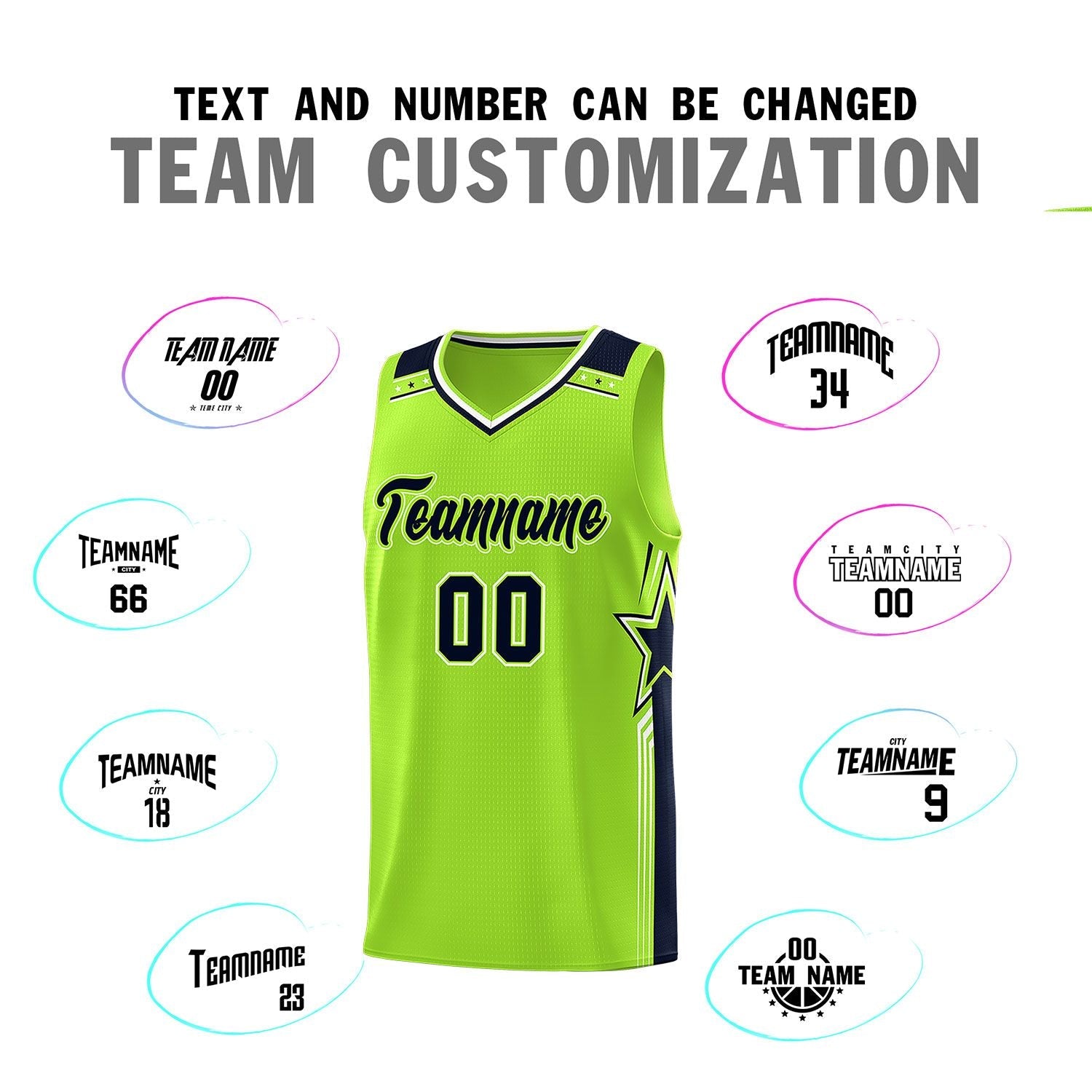 Custom Neon Green Navy Star Graffiti Pattern Sports Uniform Basketball Jersey