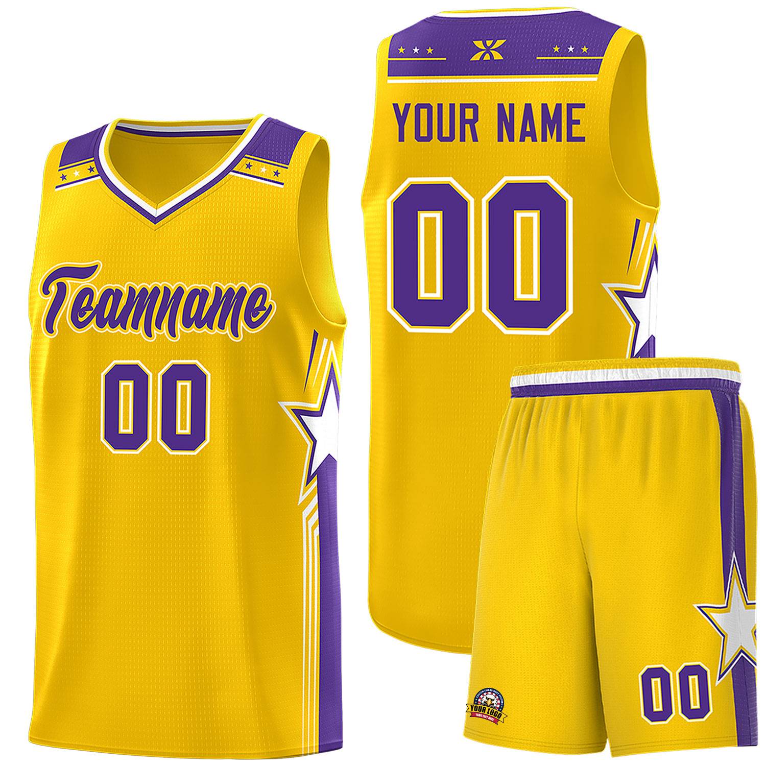 Custom Gold Purple Star Graffiti Pattern Sports Uniform Basketball Jersey