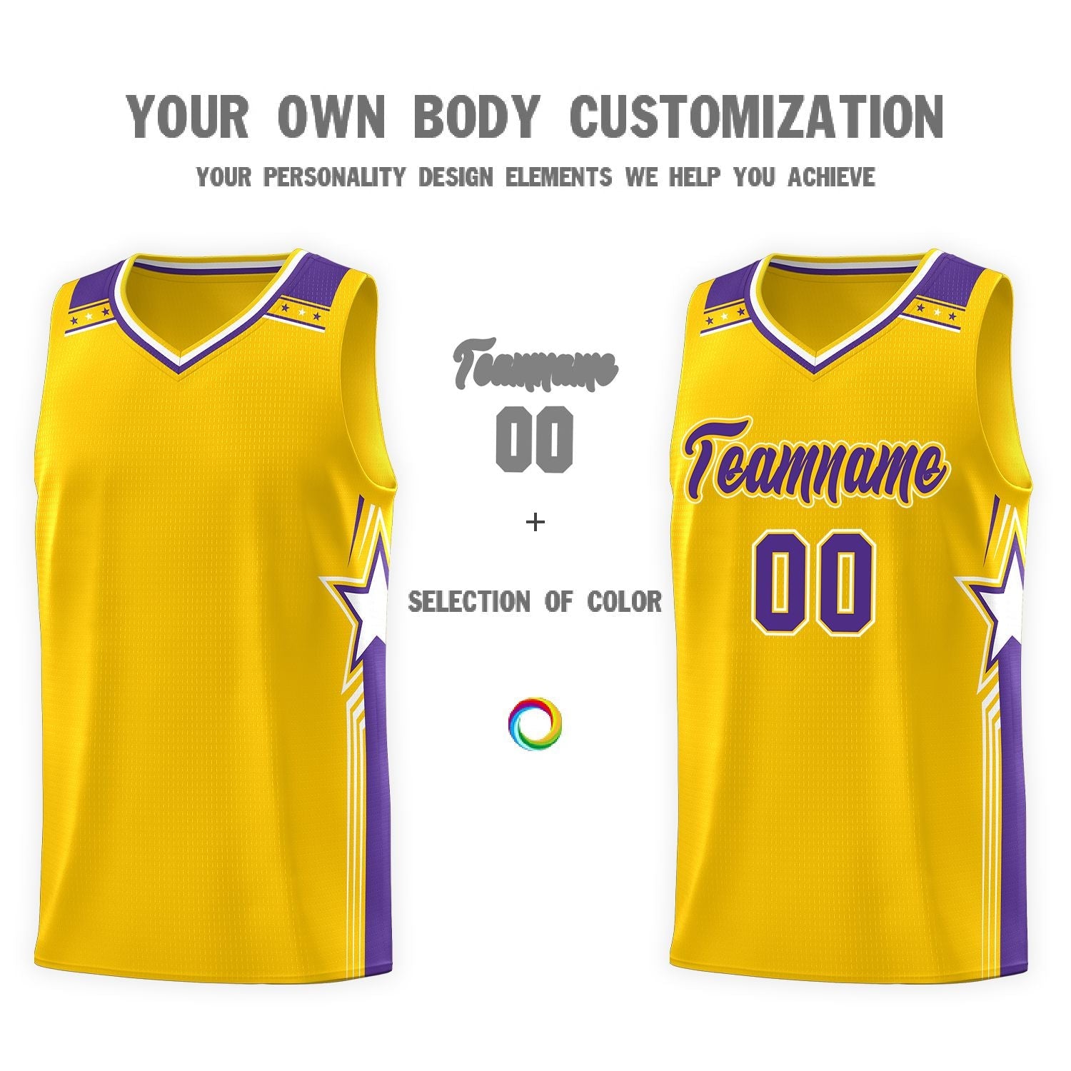Custom Gold Purple Star Graffiti Pattern Sports Uniform Basketball Jersey