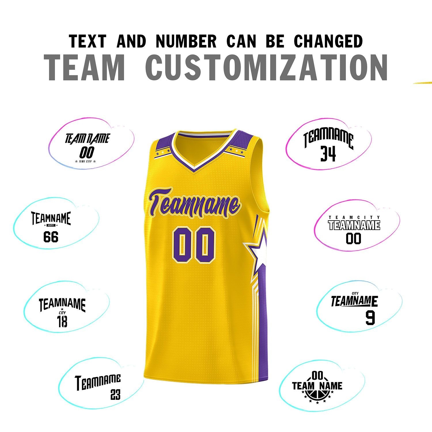 Custom Gold Purple Star Graffiti Pattern Sports Uniform Basketball Jersey