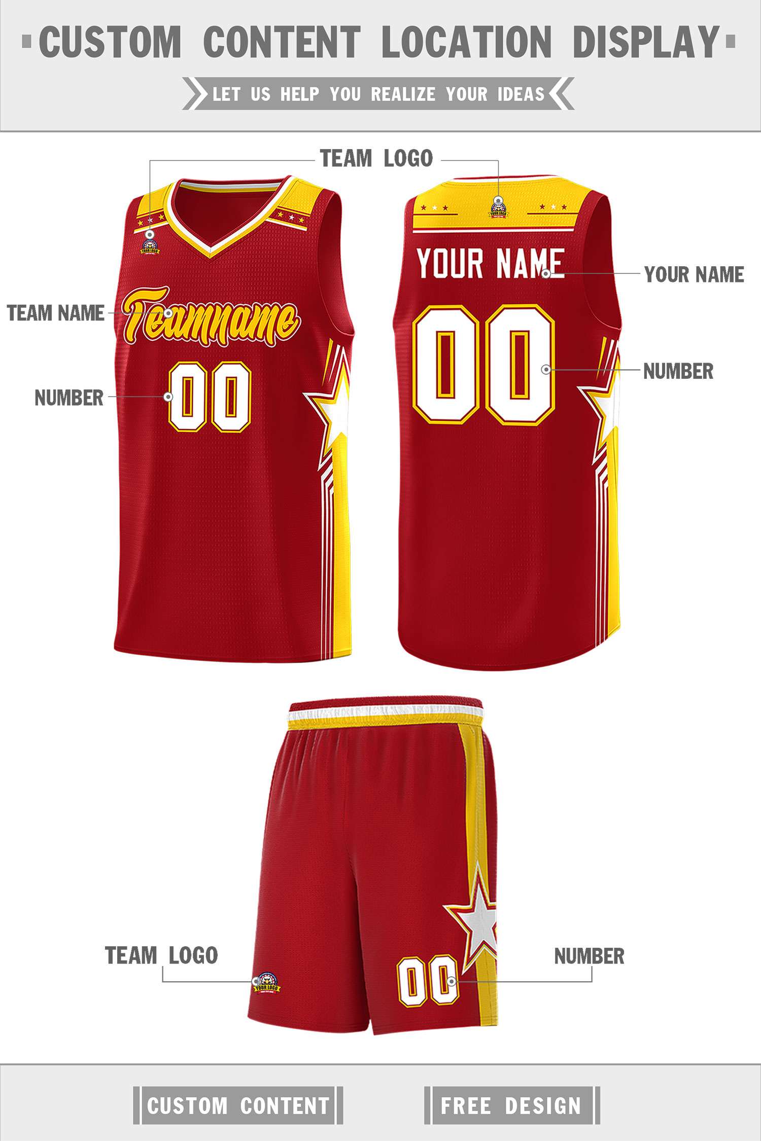 Custom Red Gold Star Graffiti Pattern Sports Uniform Basketball Jersey