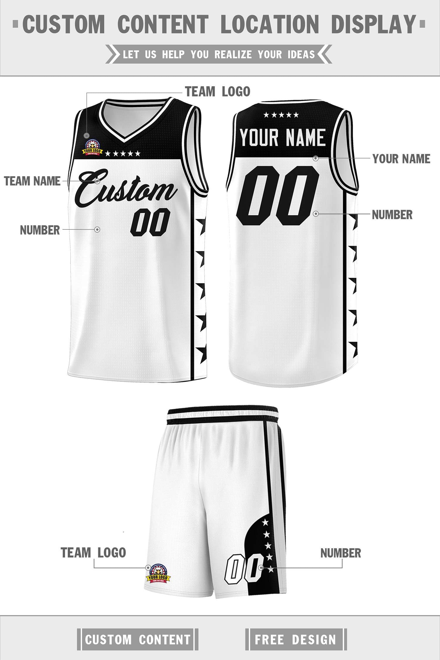 Custom White Black Color Block Sets Sports Uniform Basketball Jersey