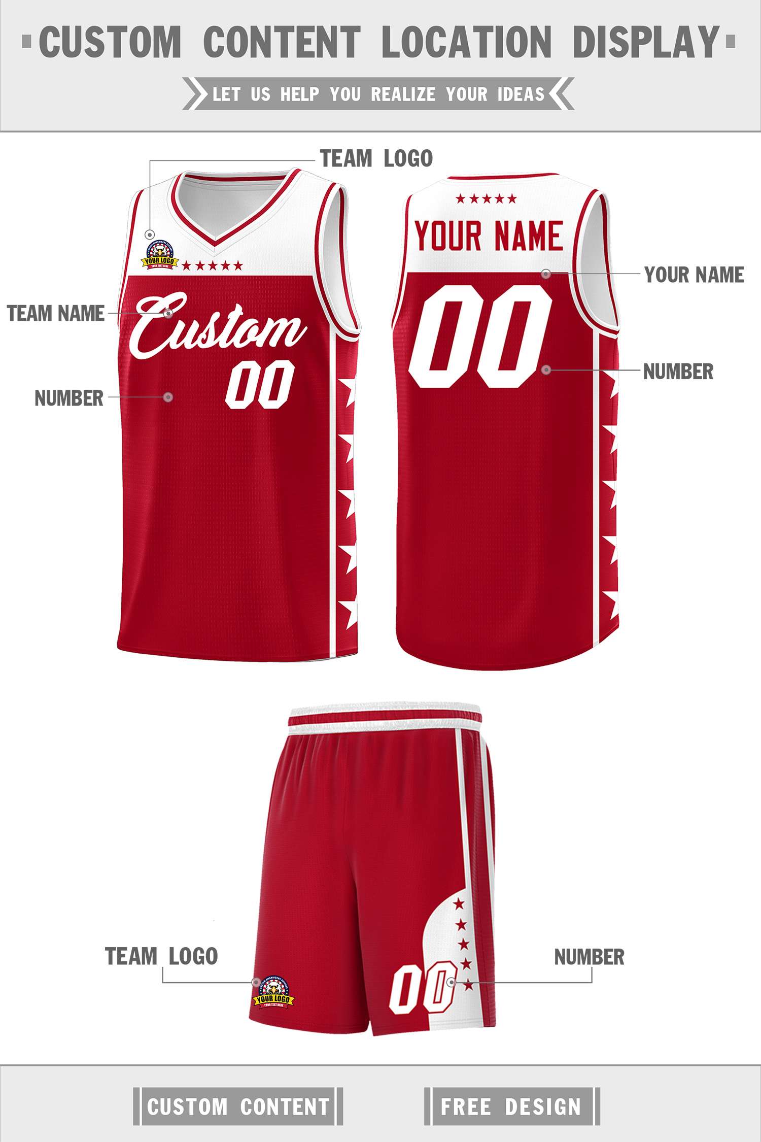 Custom Red White Color Block Sets Sports Uniform Basketball Jersey