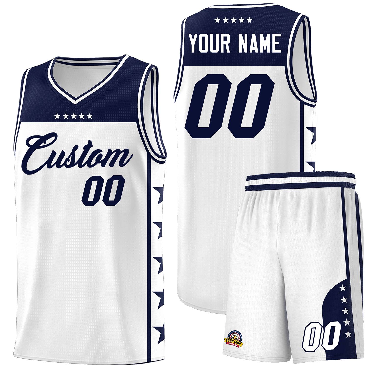 Custom White Navy Color Block Sets Sports Uniform Basketball Jersey