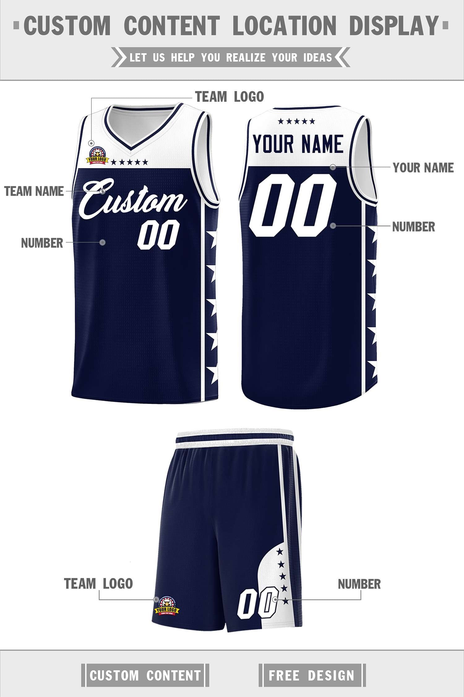 Custom Navy White Color Block Sets Sports Uniform Basketball Jersey