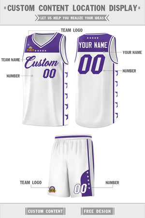 Custom White Purple Color Block Sets Sports Uniform Basketball Jersey