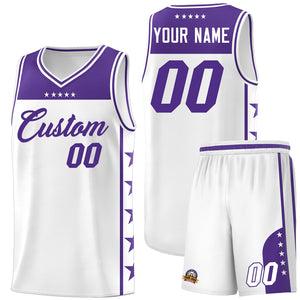 Custom White Purple Color Block Sets Sports Uniform Basketball Jersey