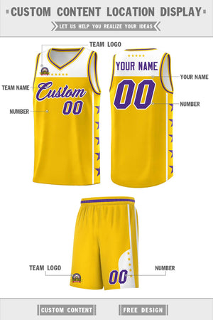 Custom Gold Purple Color Block Sets Sports Uniform Basketball Jersey