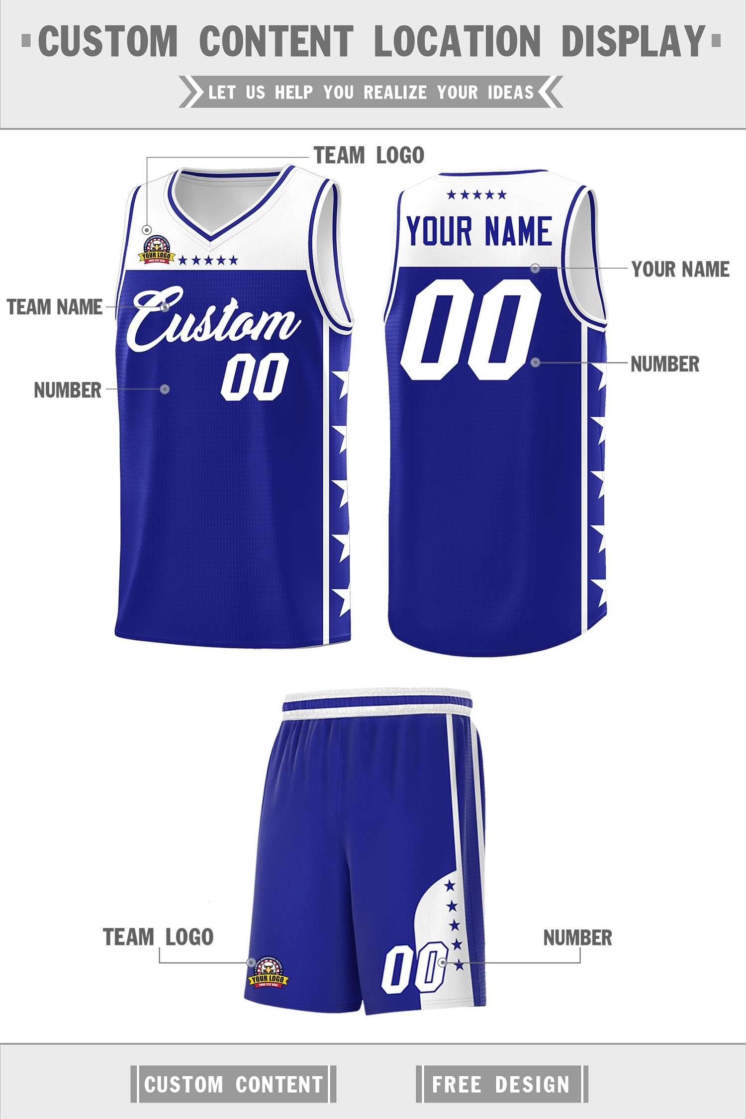 Custom Royal White Color Block Sets Sports Uniform Basketball Jersey