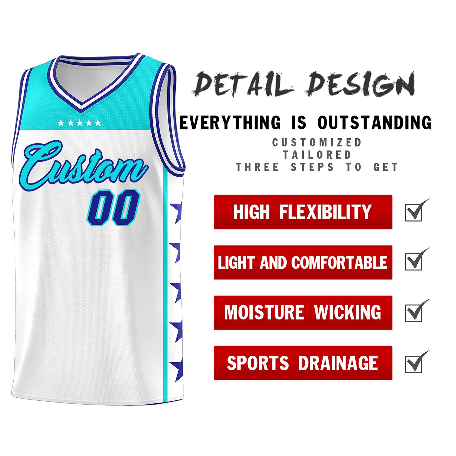 Custom White Sky Blue Color Block Sets Sports Uniform Basketball Jersey