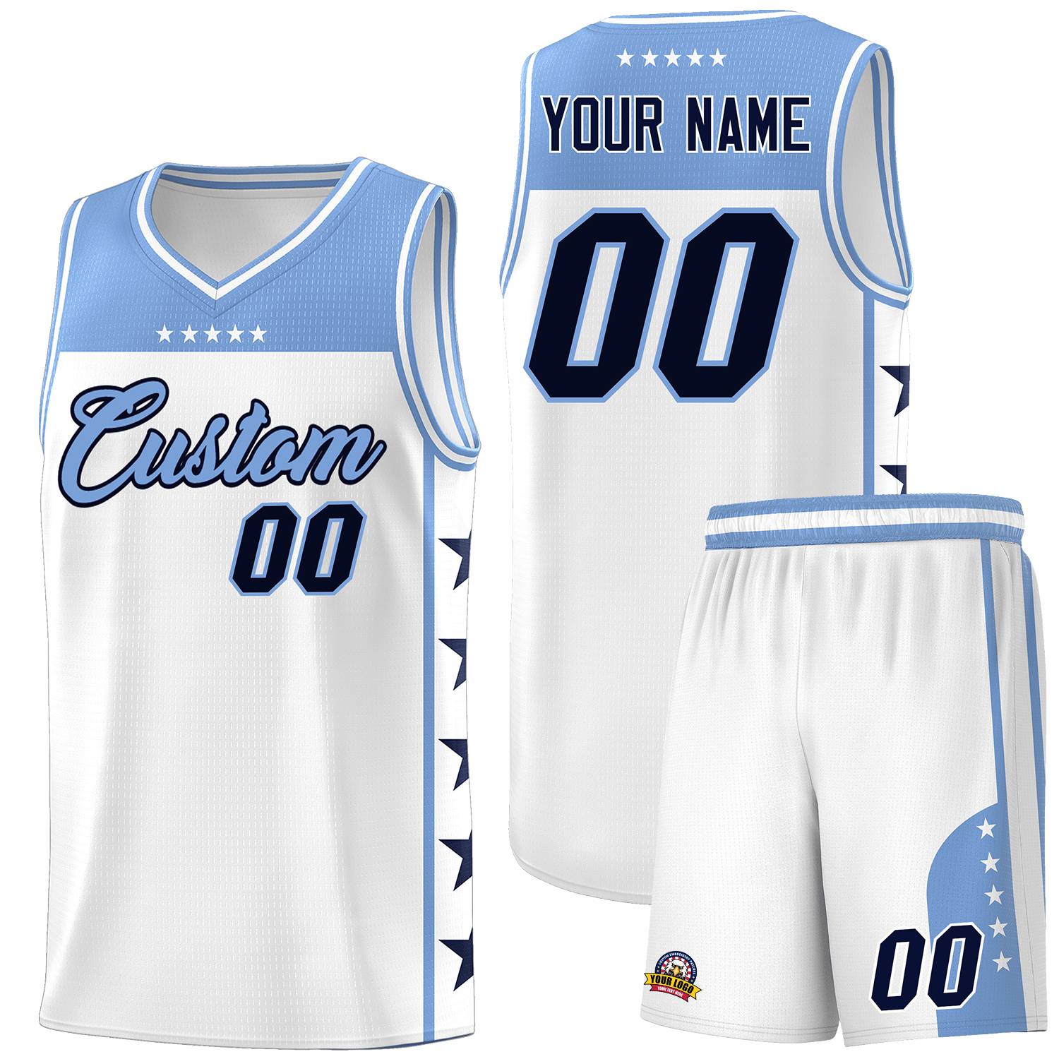 Custom White Light Blue Color Block Sets Sports Uniform Basketball Jersey