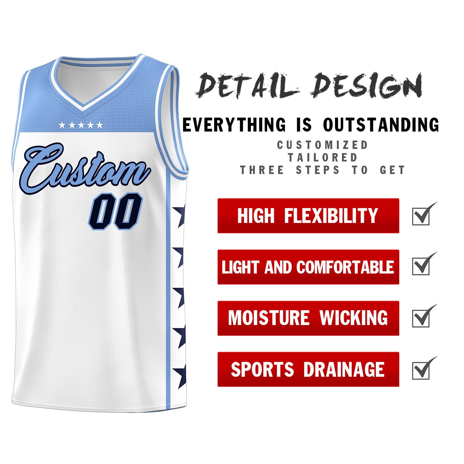 Custom White Light Blue Color Block Sets Sports Uniform Basketball Jersey