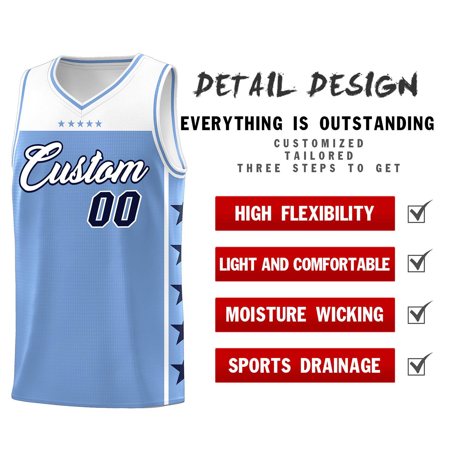 Custom Light Blue White Color Block Sets Sports Uniform Basketball Jersey