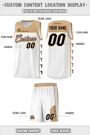 Custom White Old Gold Color Block Sets Sports Uniform Basketball Jersey