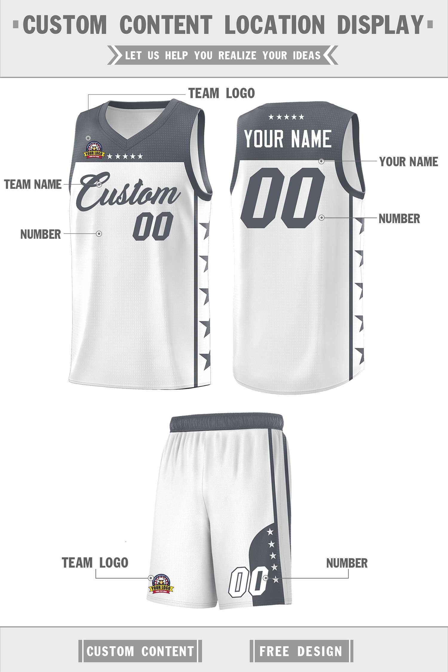 Custom White Dark Gray Color Block Sets Sports Uniform Basketball Jersey