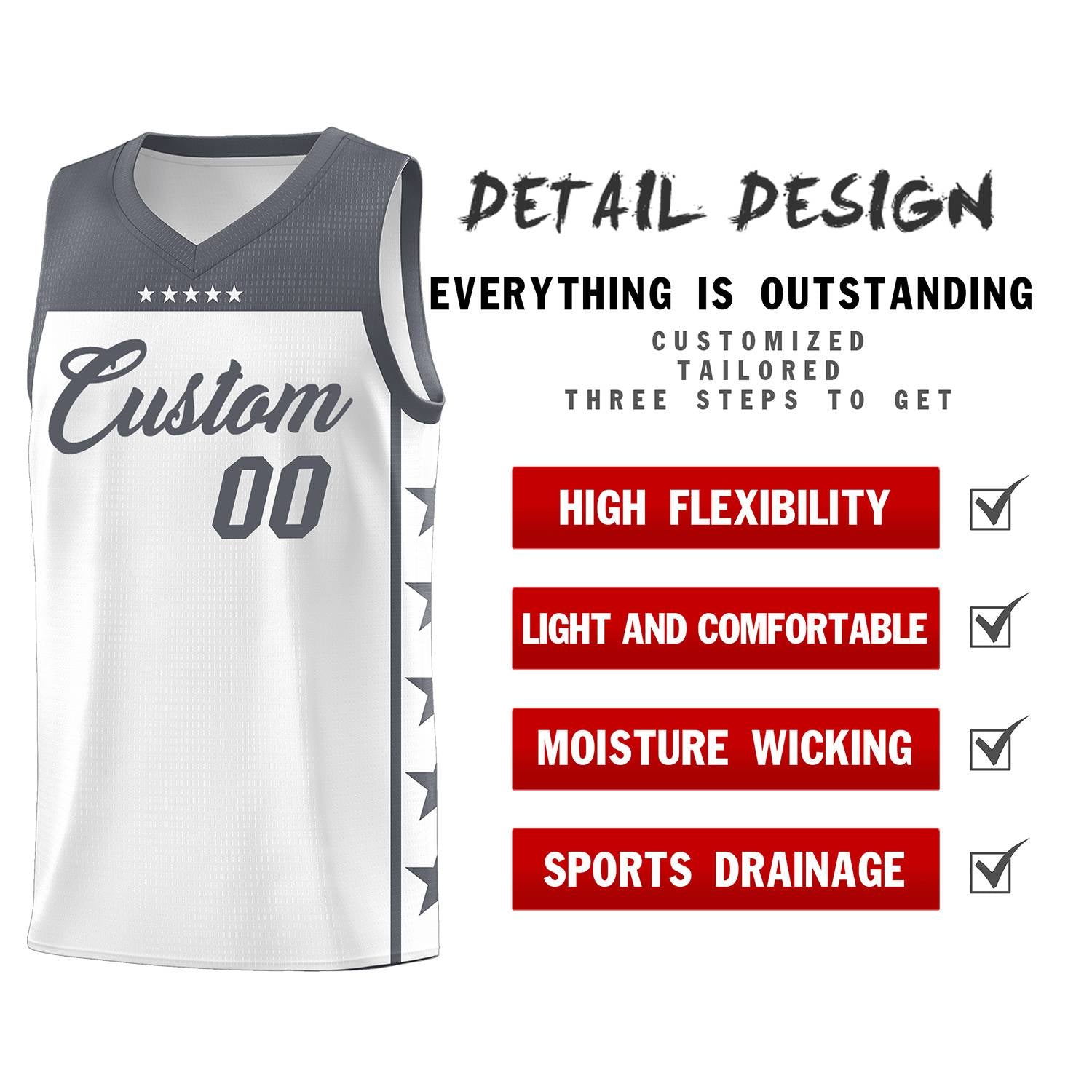 Custom White Dark Gray Color Block Sets Sports Uniform Basketball Jersey