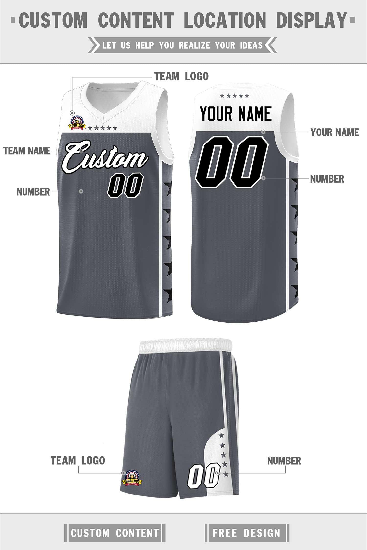 Custom Dark Gray White Color Block Sets Sports Uniform Basketball Jersey