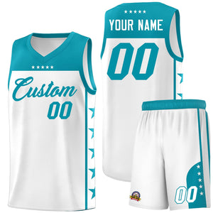 Custom White Aqua Color Block Sets Sports Uniform Basketball Jersey