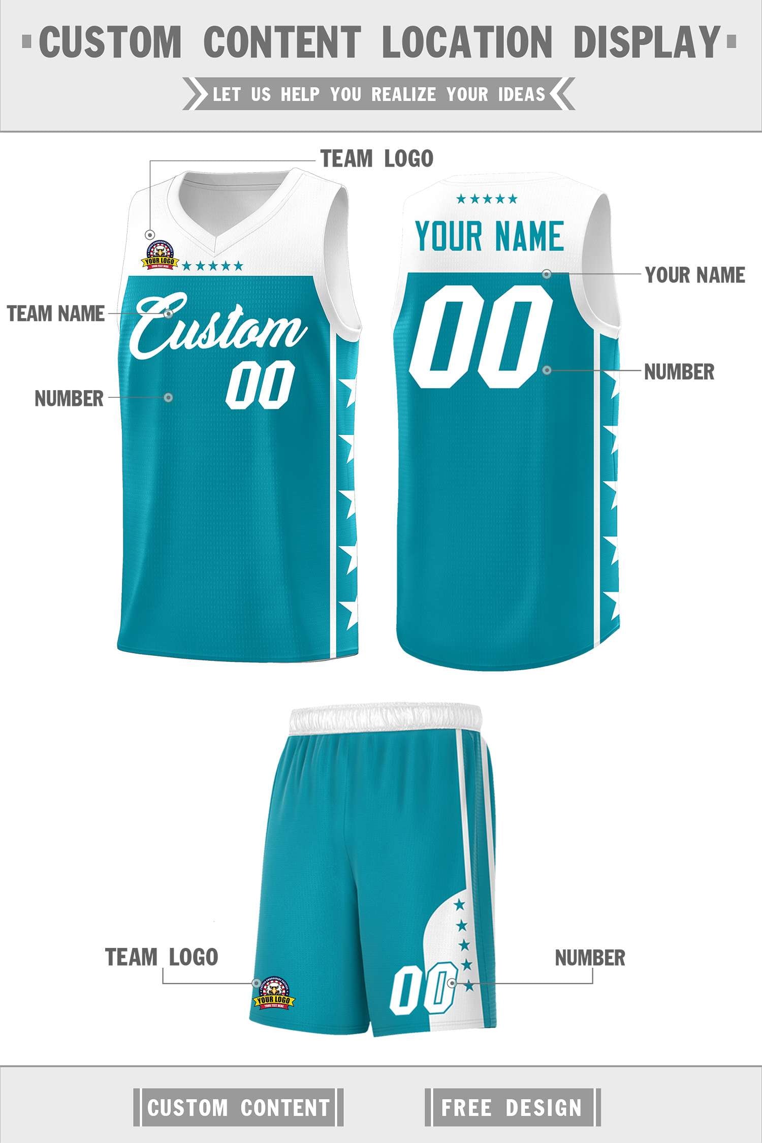 Custom Aqua White Color Block Sets Sports Uniform Basketball Jersey