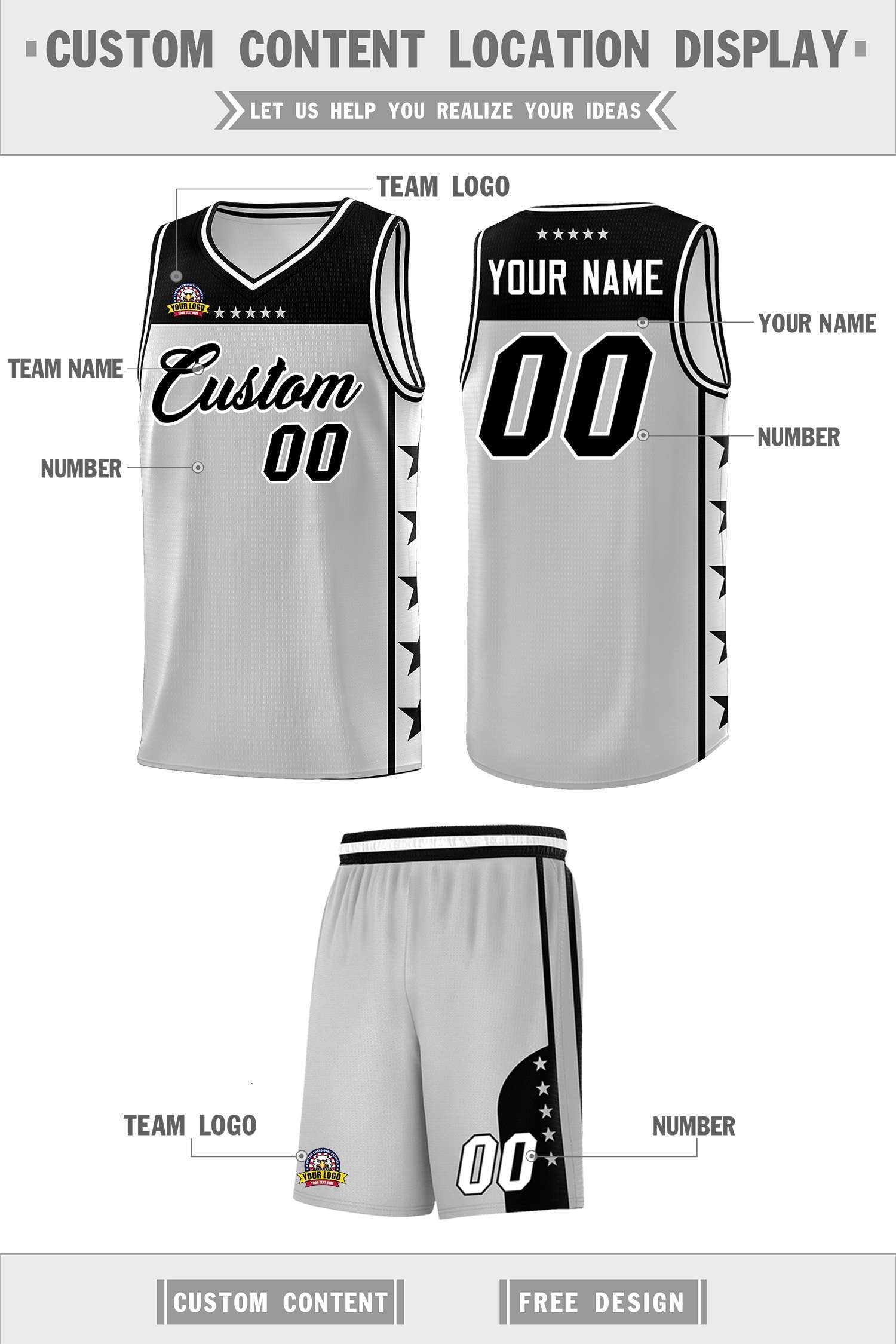 Custom Gray Black Color Block Sets Sports Uniform Basketball Jersey