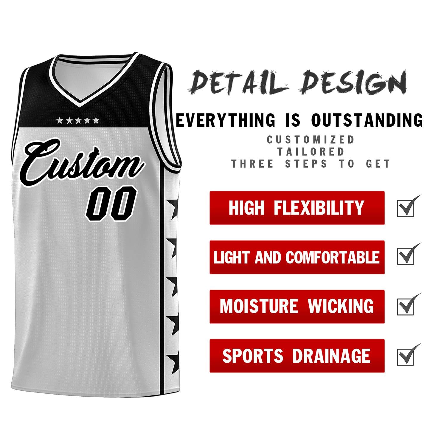 Custom Gray Black Color Block Sets Sports Uniform Basketball Jersey