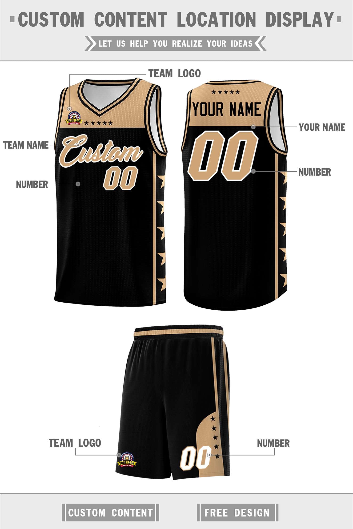 Custom Black Old Gold Color Block Sets Sports Uniform Basketball Jersey