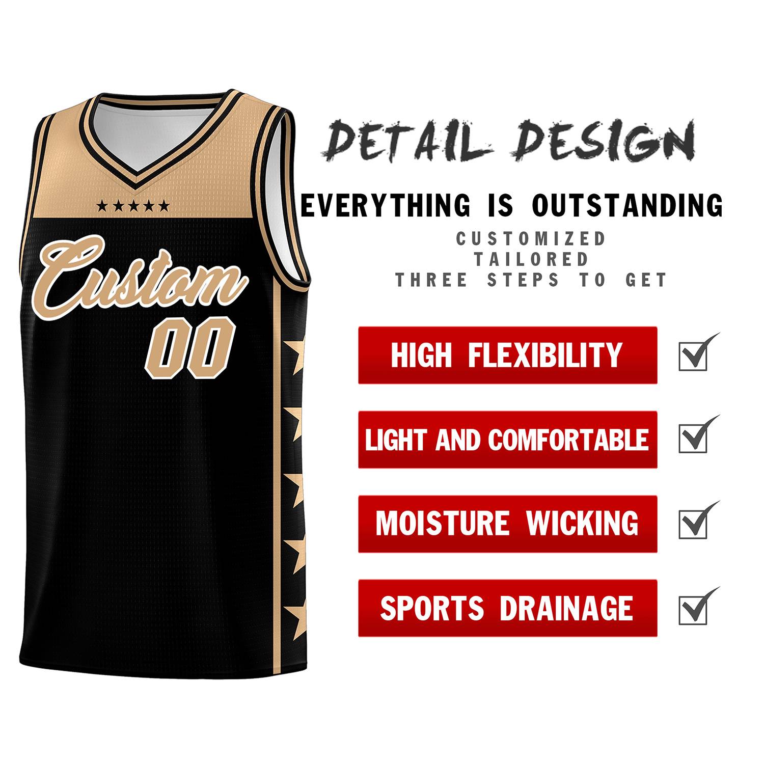 Custom Black Old Gold Color Block Sets Sports Uniform Basketball Jersey