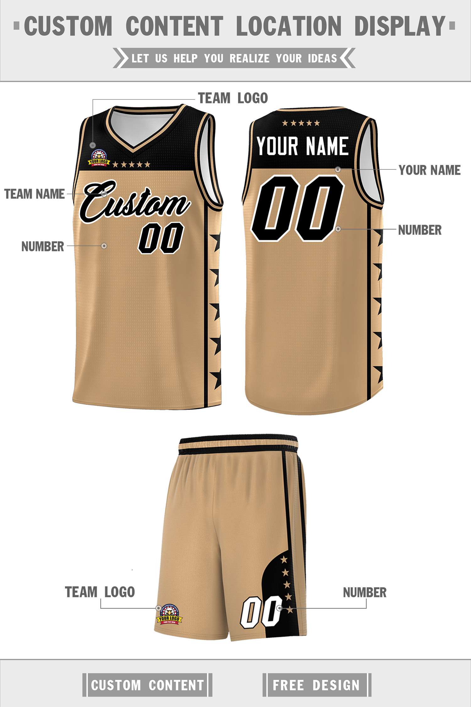 Custom Old Gold Black Color Block Sets Sports Uniform Basketball Jersey