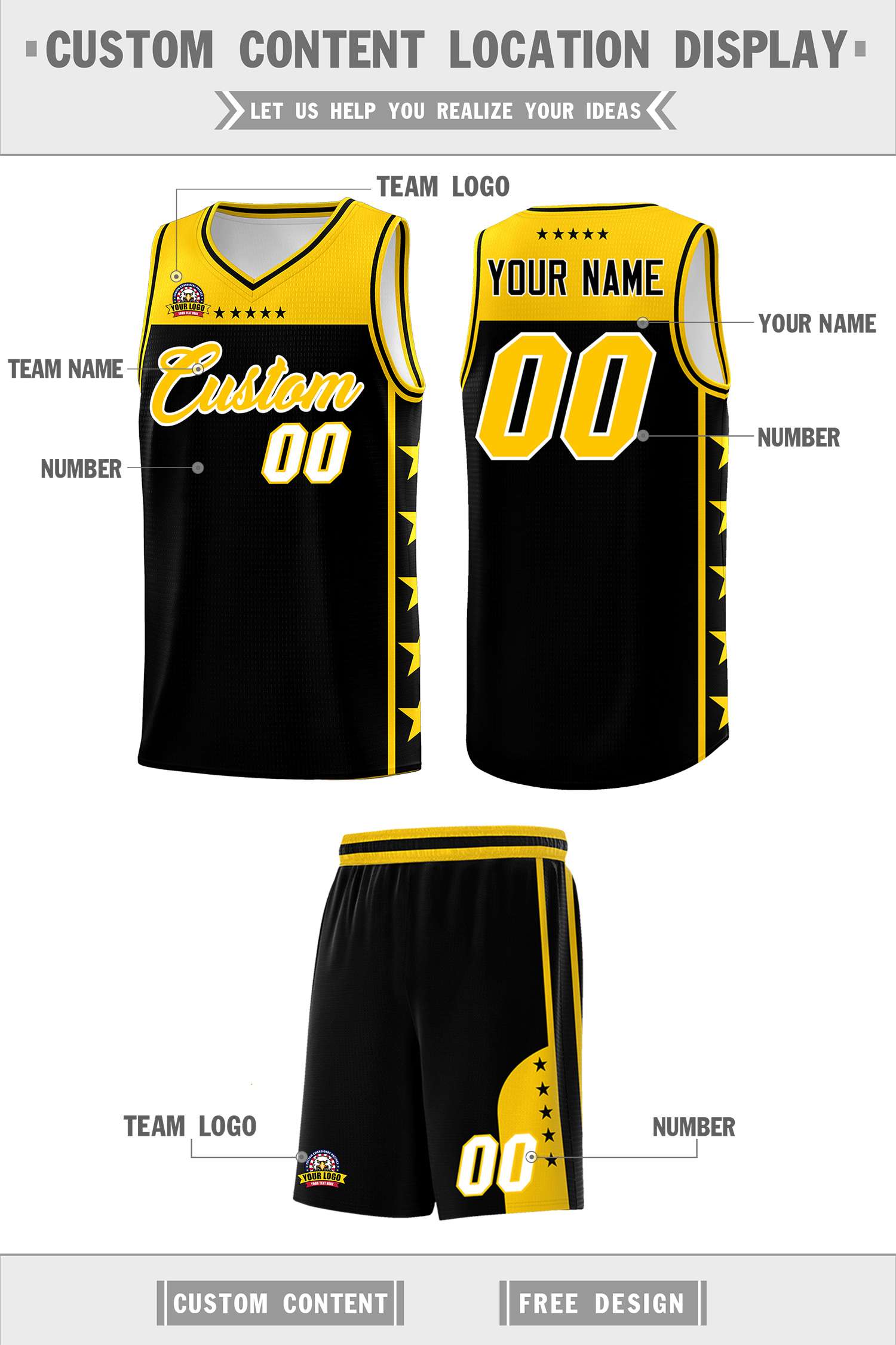 Custom Black Yellow Color Block Sets Sports Uniform Basketball Jersey