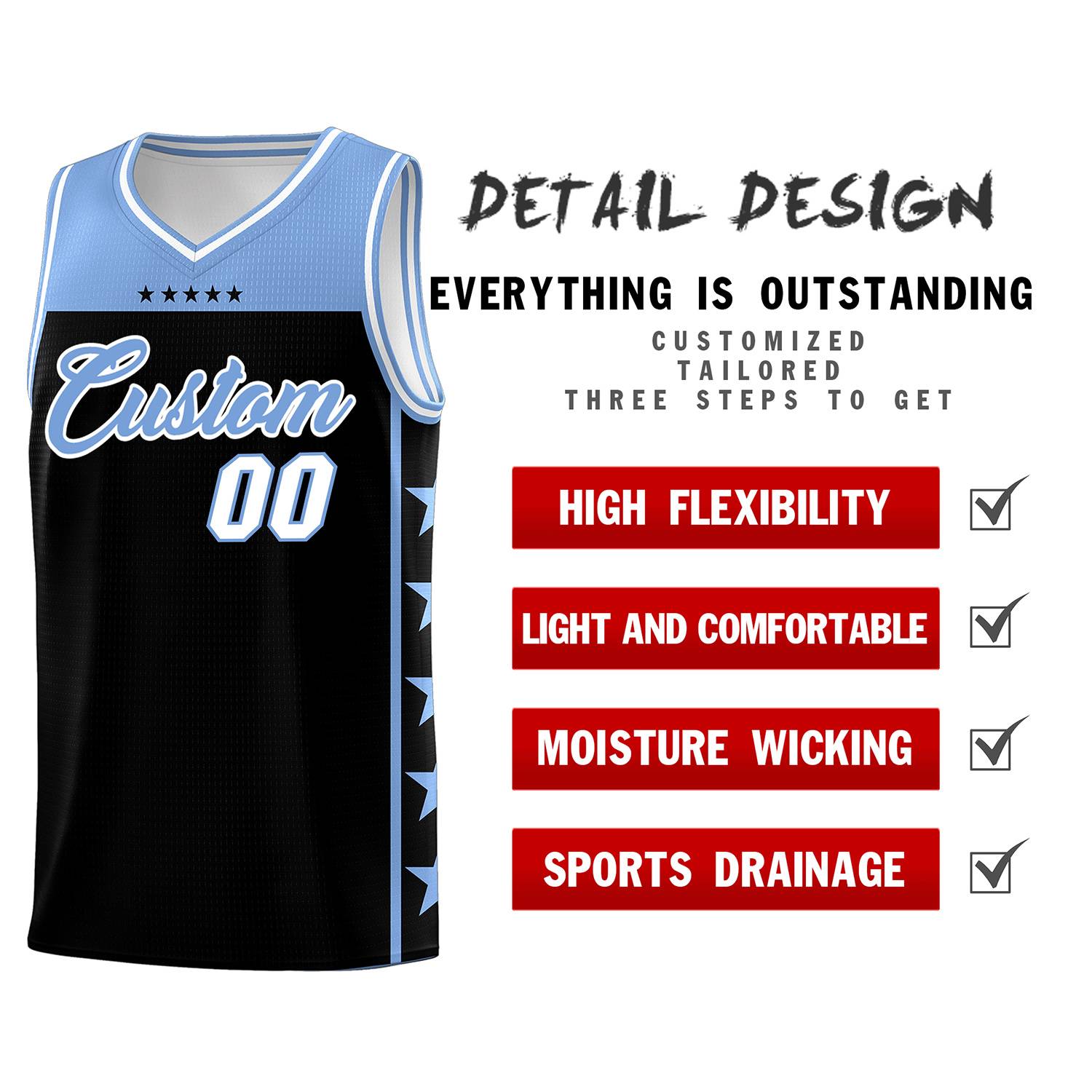 Custom Black Light Blue Color Block Sets Sports Uniform Basketball Jersey