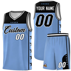 Custom Light Blue Black Color Block Sets Sports Uniform Basketball Jersey