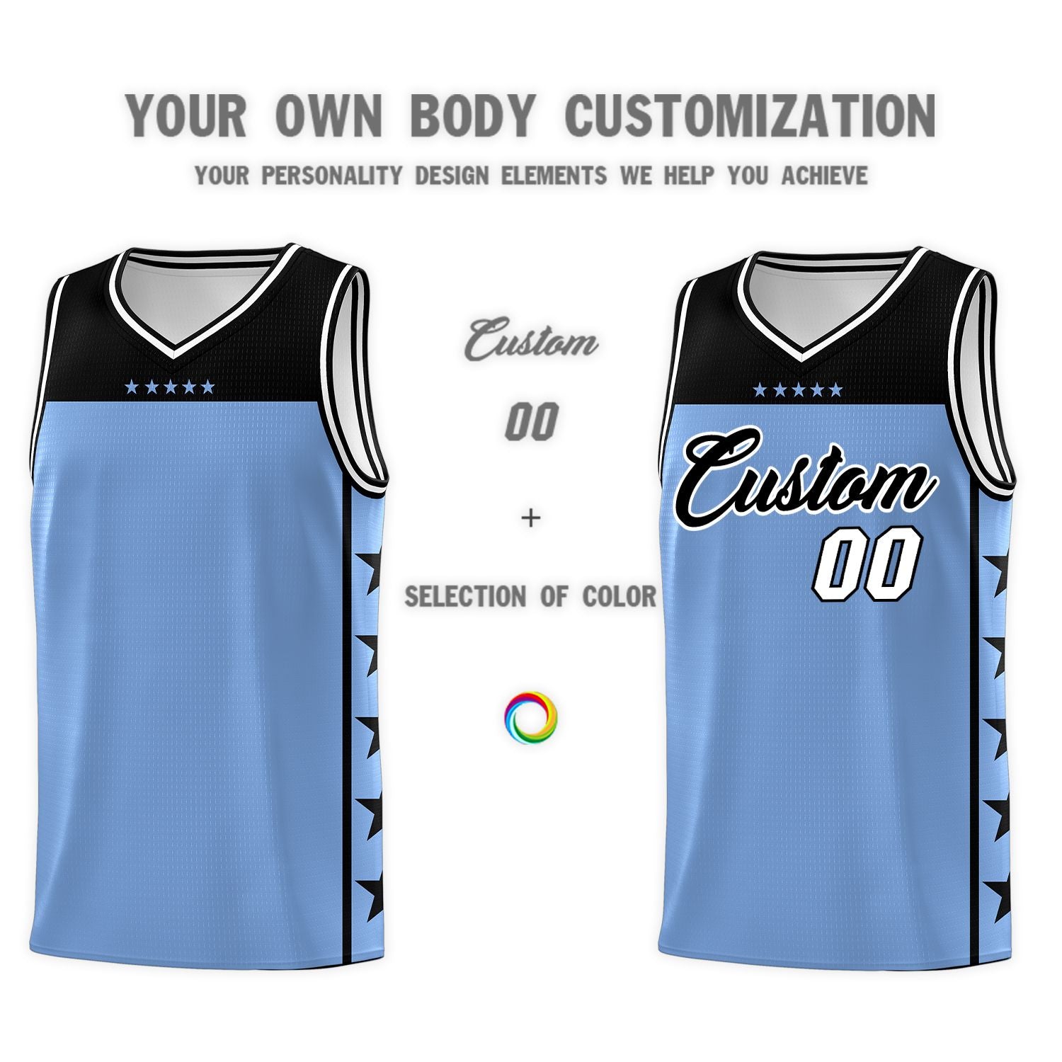 Custom Light Blue Black Color Block Sets Sports Uniform Basketball Jersey