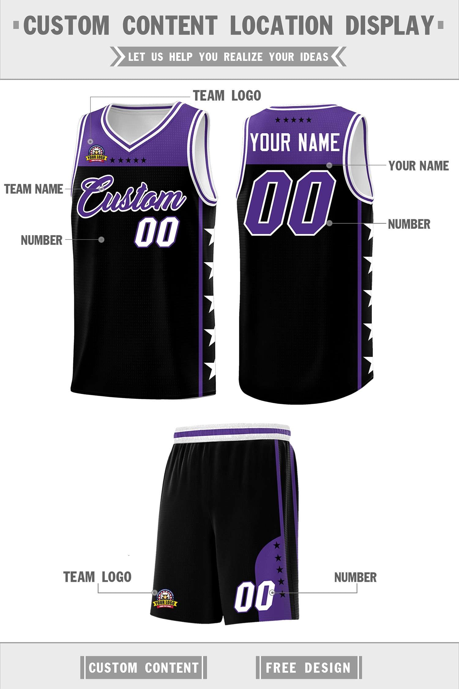 Custom Black Purple Color Block Sets Sports Uniform Basketball Jersey