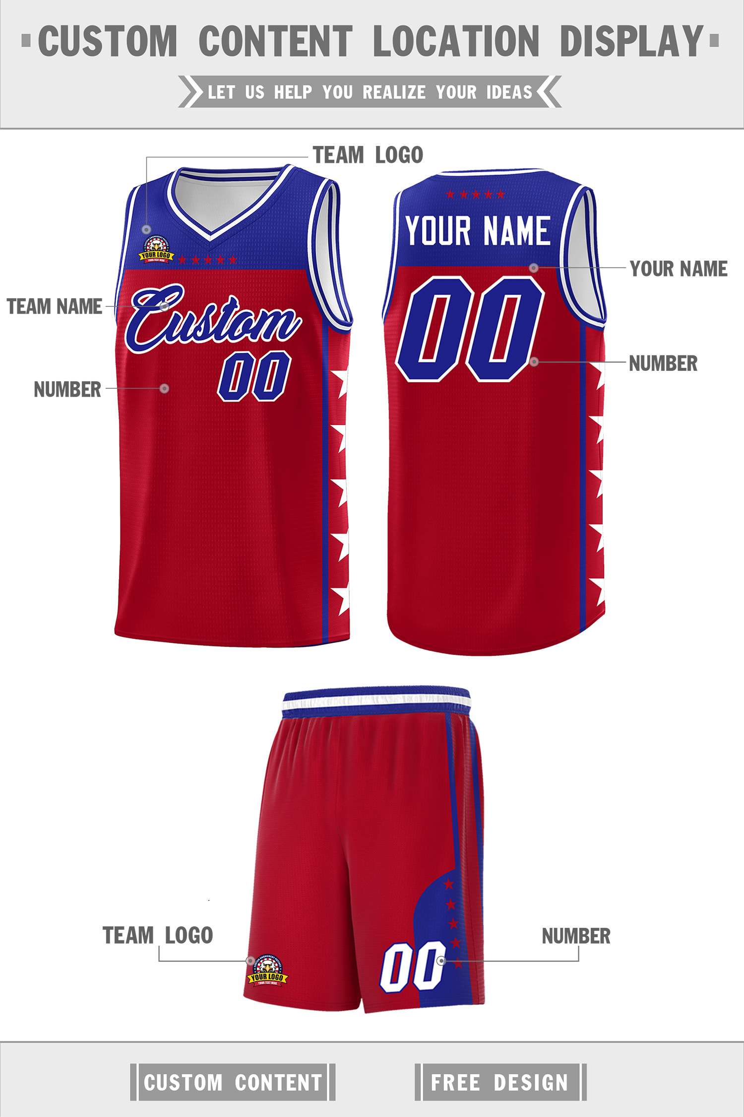 Custom Red Royal Color Block Sets Sports Uniform Basketball Jersey