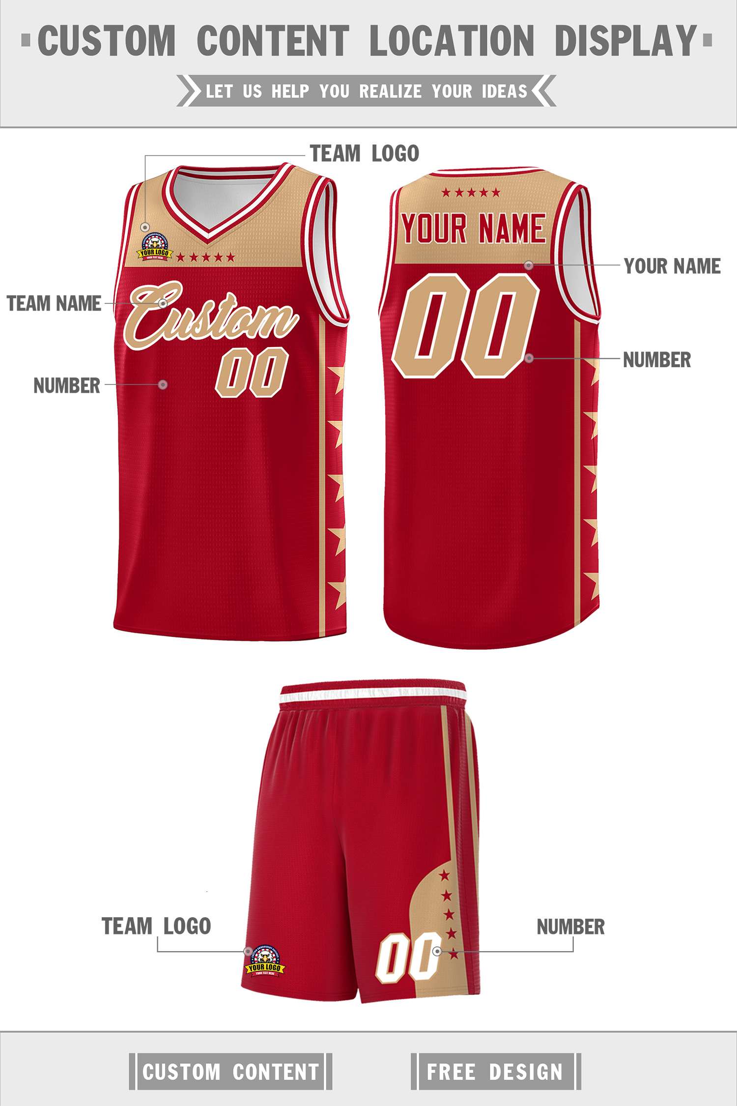 Custom Red Old Gold Color Block Sets Sports Uniform Basketball Jersey