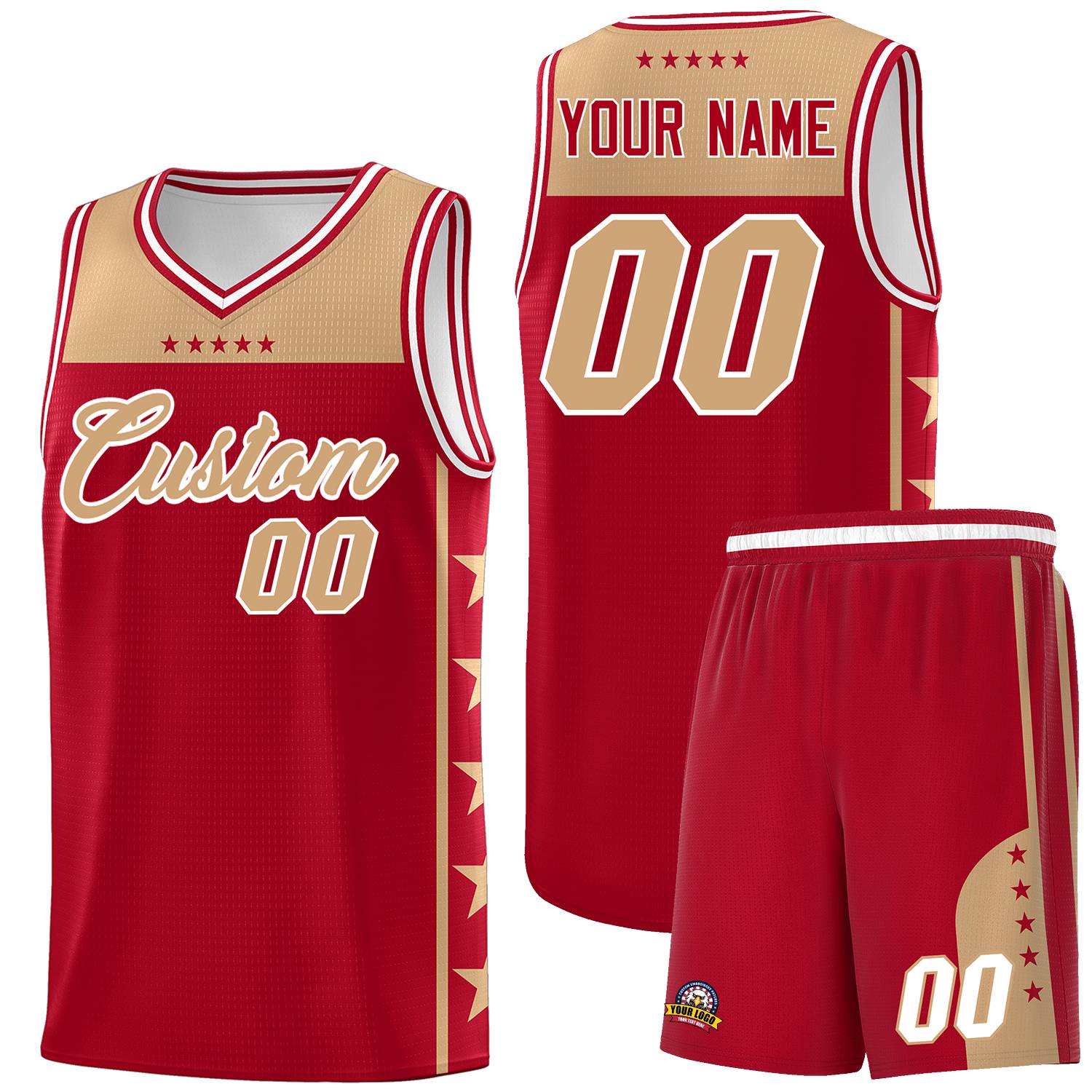 Custom Red Old Gold Color Block Sets Sports Uniform Basketball Jersey