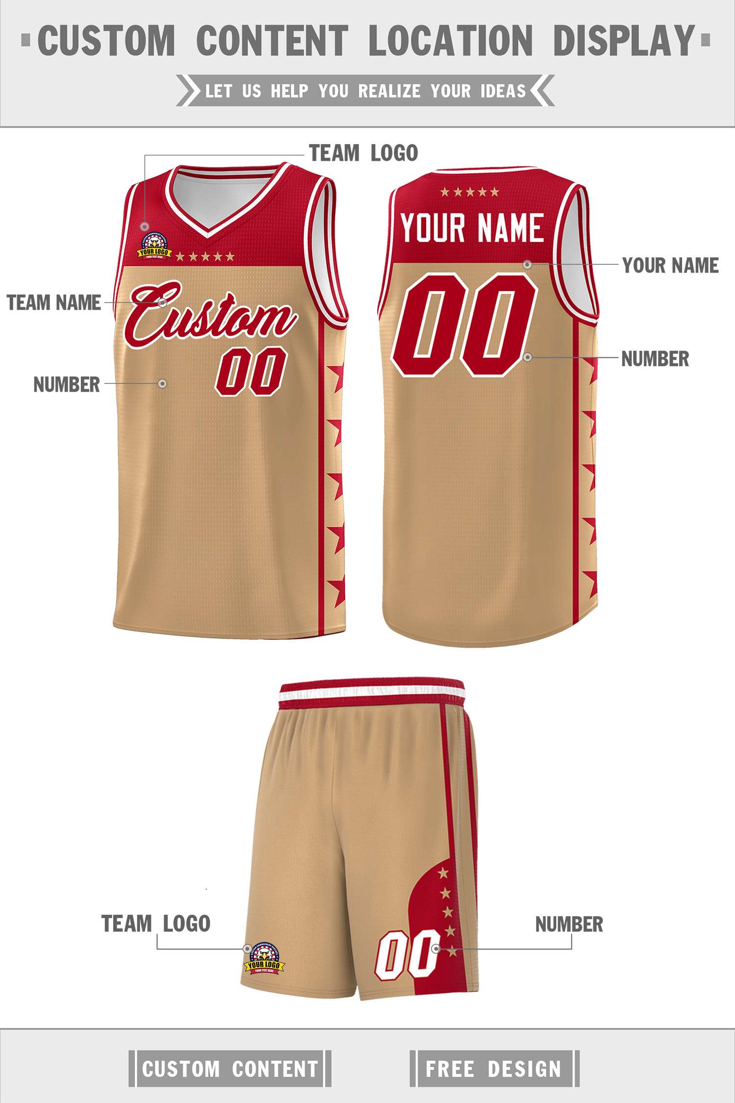 Custom Old Gold Red Color Block Sets Sports Uniform Basketball Jersey