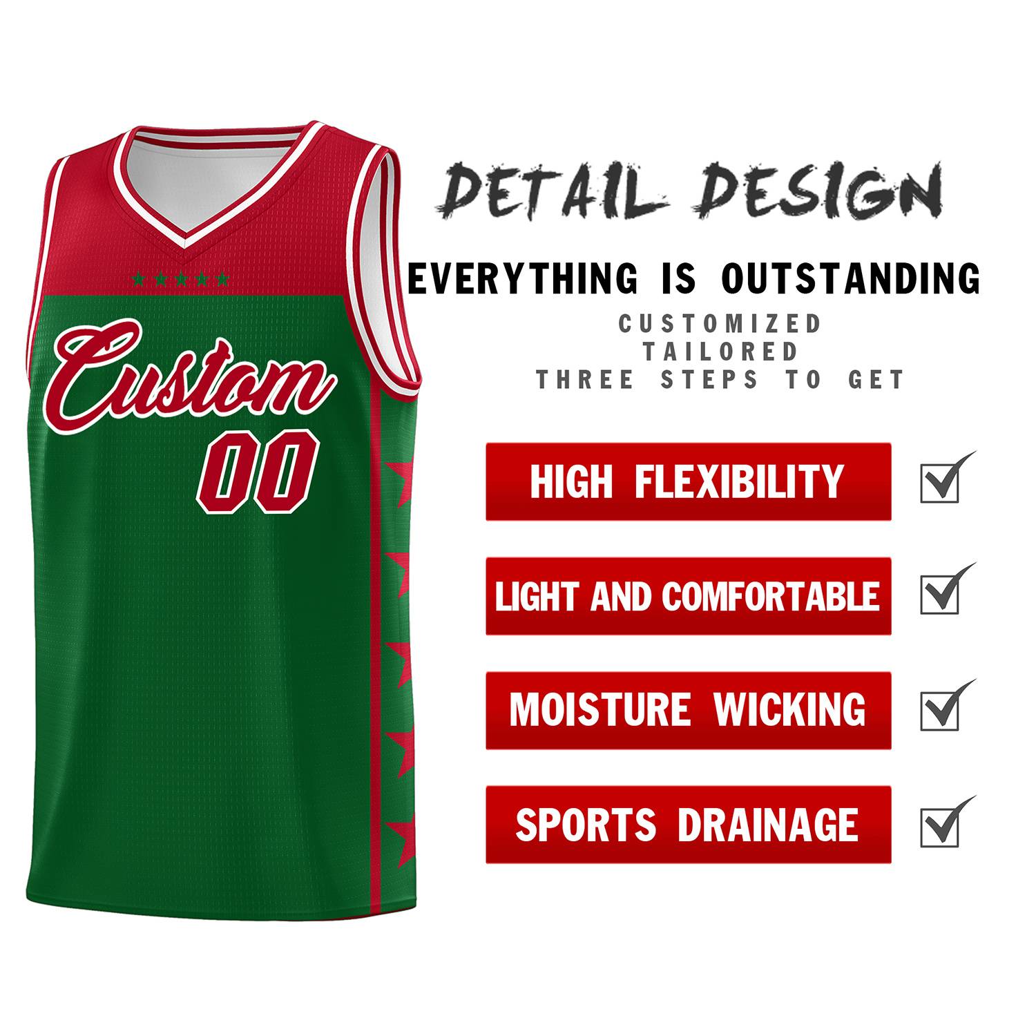 Custom Kelly Green Red Color Block Sets Sports Uniform Basketball Jersey