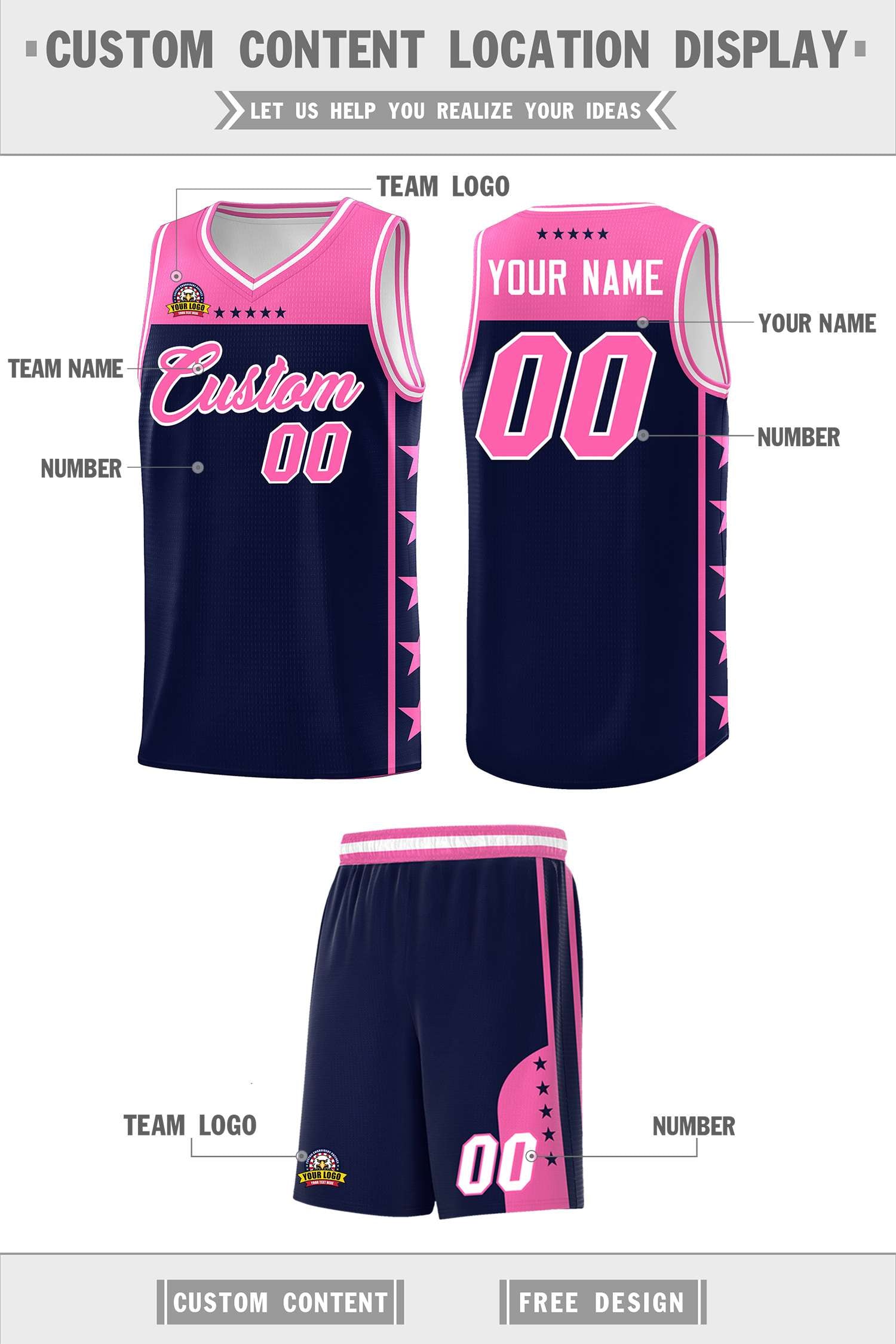 Custom Navy Pink Color Block Sets Sports Uniform Basketball Jersey