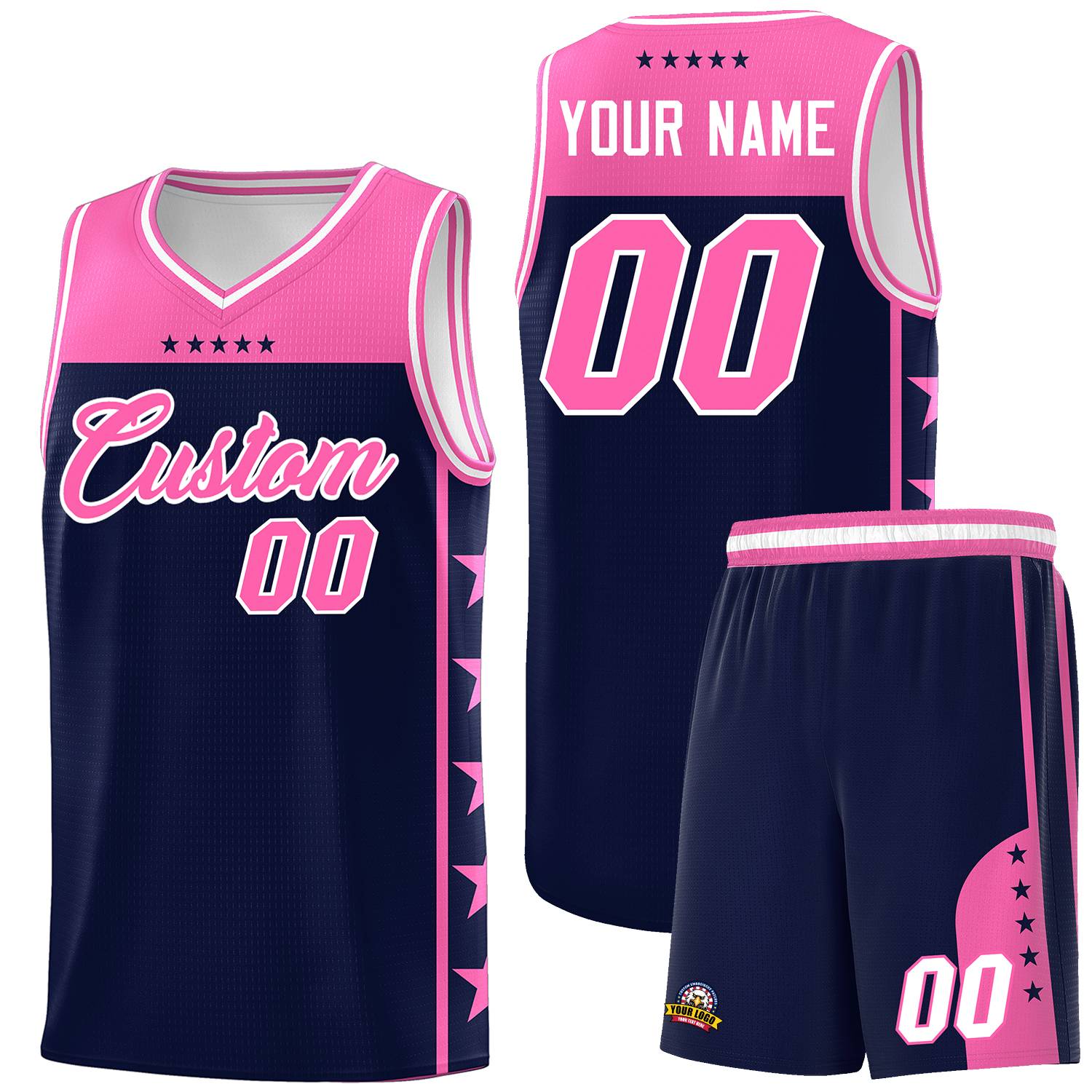 Custom Navy Pink Color Block Sets Sports Uniform Basketball Jersey