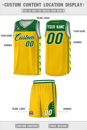 Custom Gold Kelly Green Color Block Sets Sports Uniform Basketball Jersey