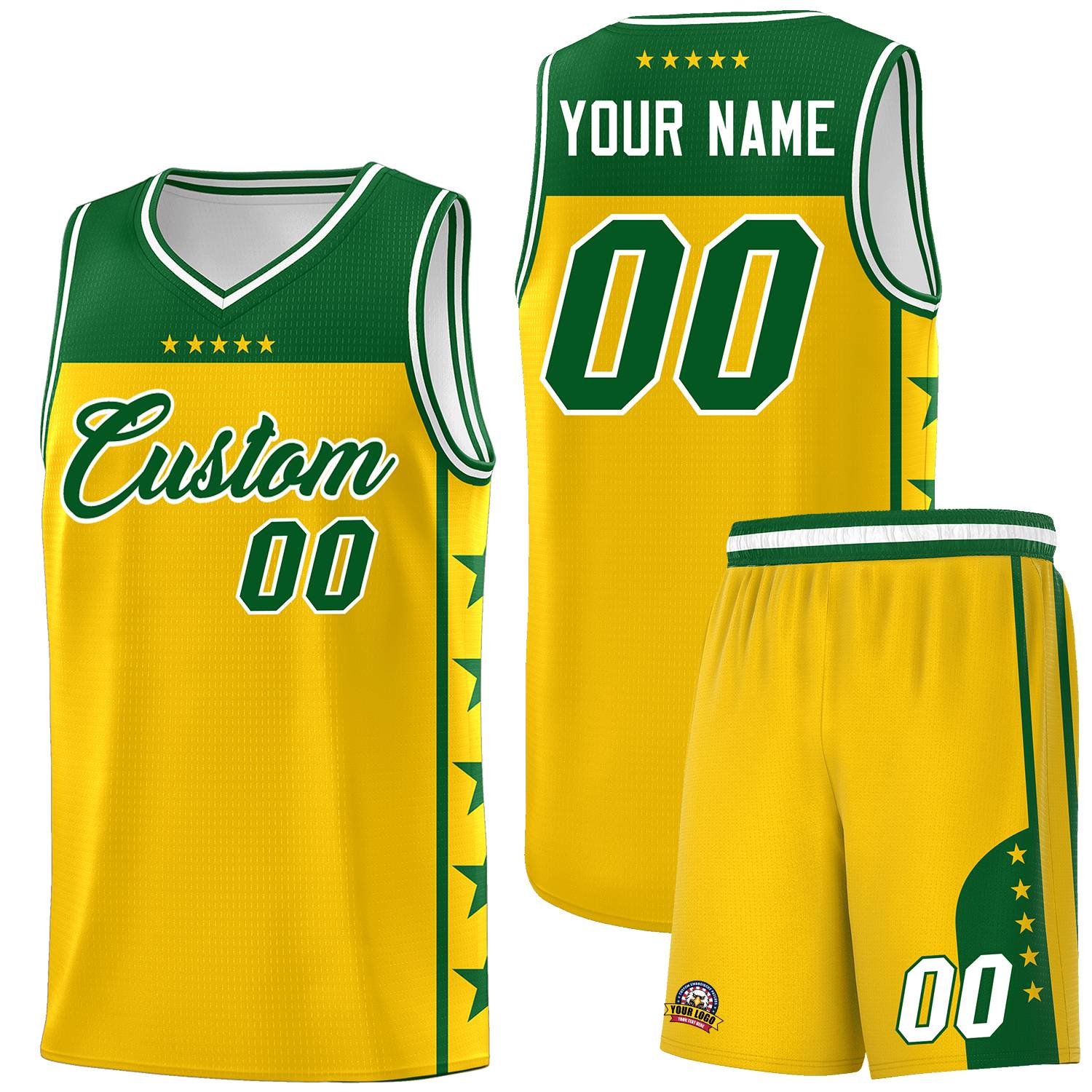 Custom Gold Kelly Green Color Block Sets Sports Uniform Basketball Jersey