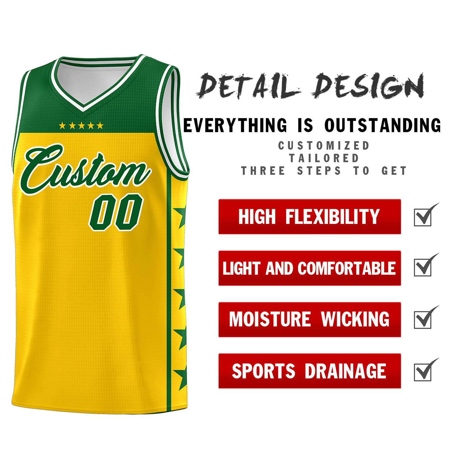 Custom Gold Kelly Green Color Block Sets Sports Uniform Basketball Jersey