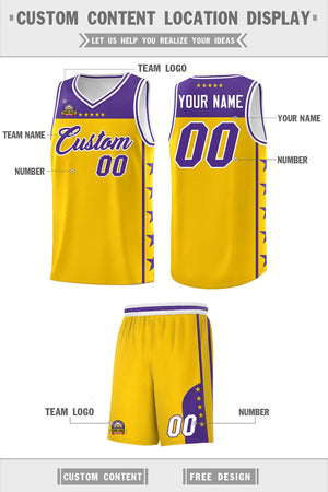 Custom Gold Purple Color Block Sets Sports Uniform Basketball Jersey