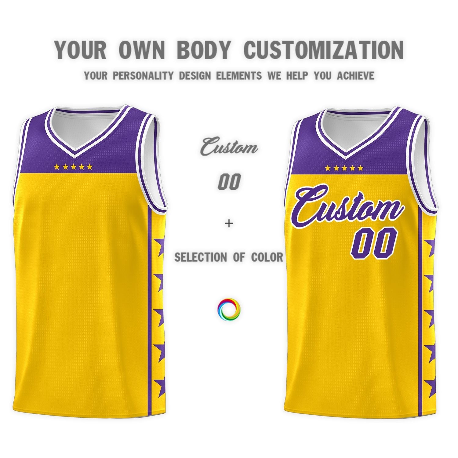 Custom Gold Purple Color Block Sets Sports Uniform Basketball Jersey