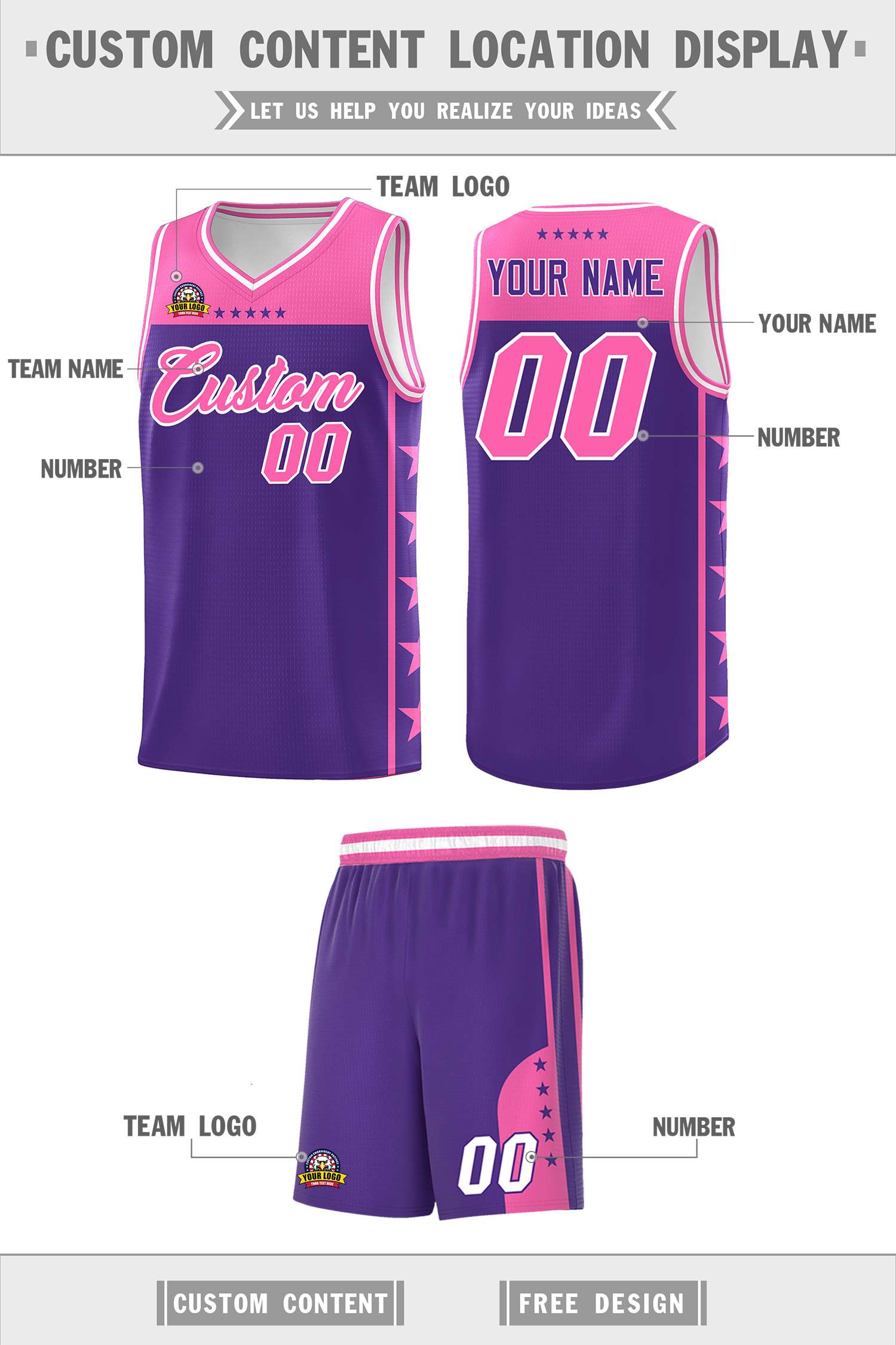 Custom Purple Pink Color Block Sets Sports Uniform Basketball Jersey