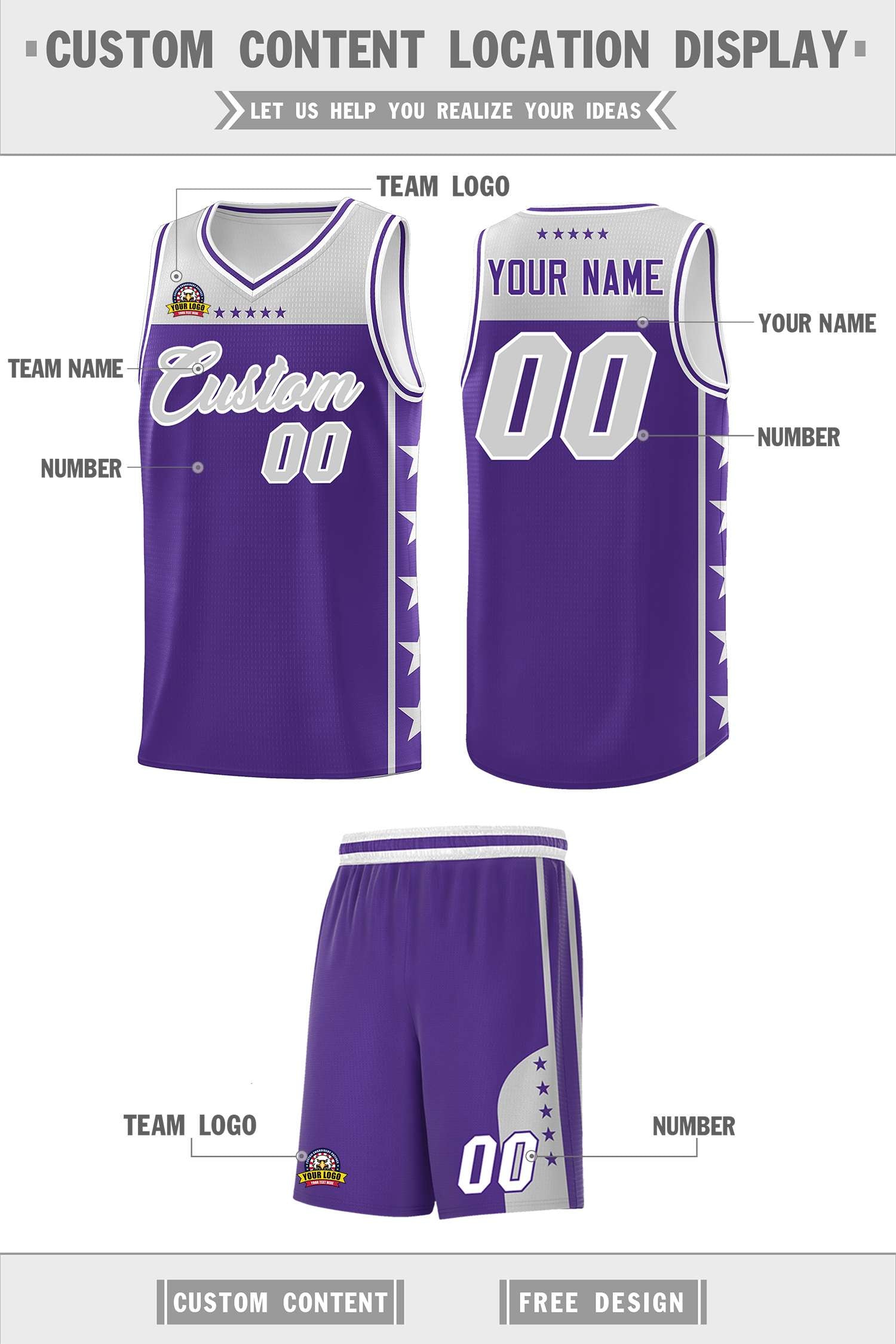 Custom Purple Gray Color Block Sets Sports Uniform Basketball Jersey