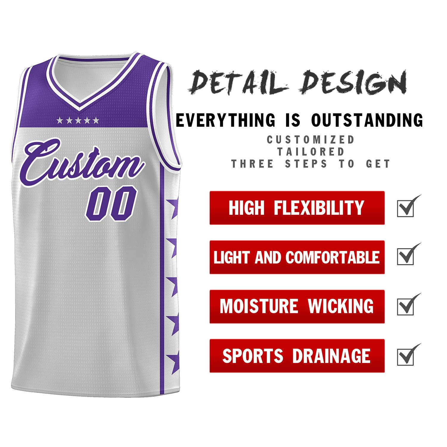 Custom Gray Purple Color Block Sets Sports Uniform Basketball Jersey