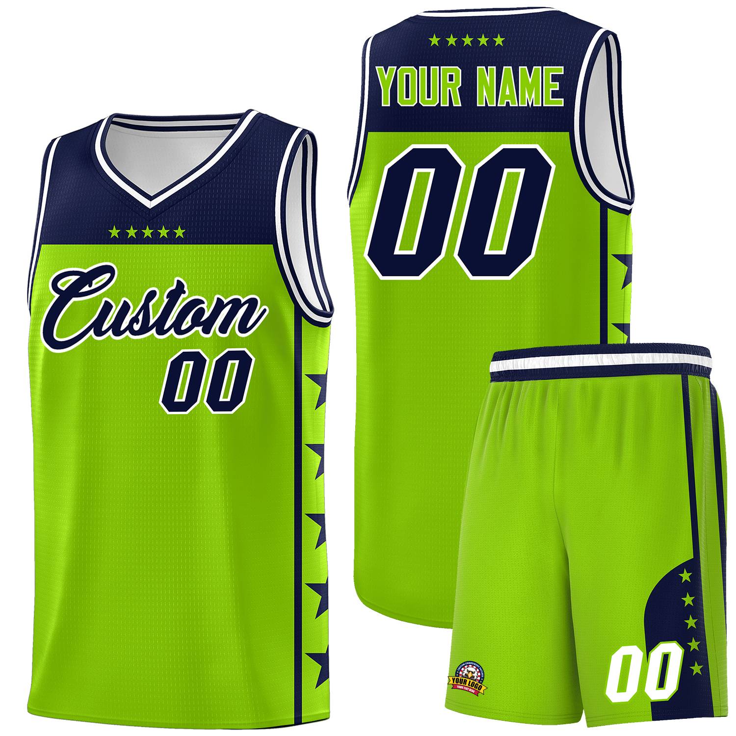 Custom Neon Green Navy Color Block Sets Sports Uniform Basketball Jersey